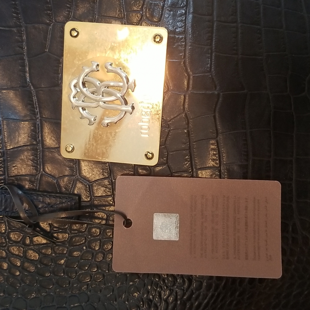 Roberto Cavalli NWT Women's Navy Blue Leather Snake Tote Handbag - Picture 2 of 6